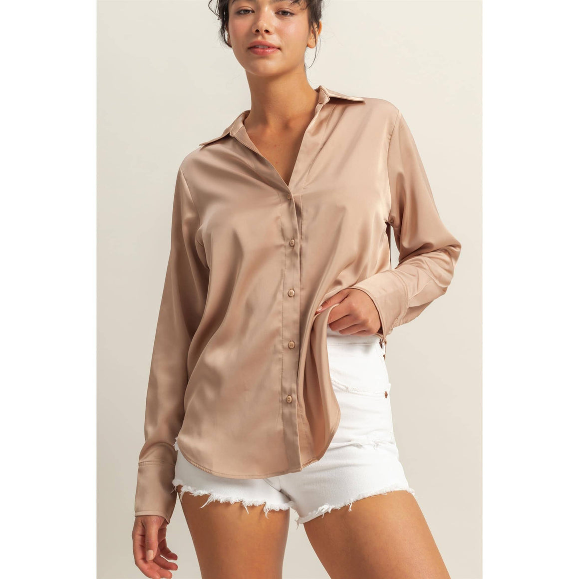 DZ25E267-Button-Up Collared Satin Blouse: SOFT PINK / S-M-L(2-2-2)